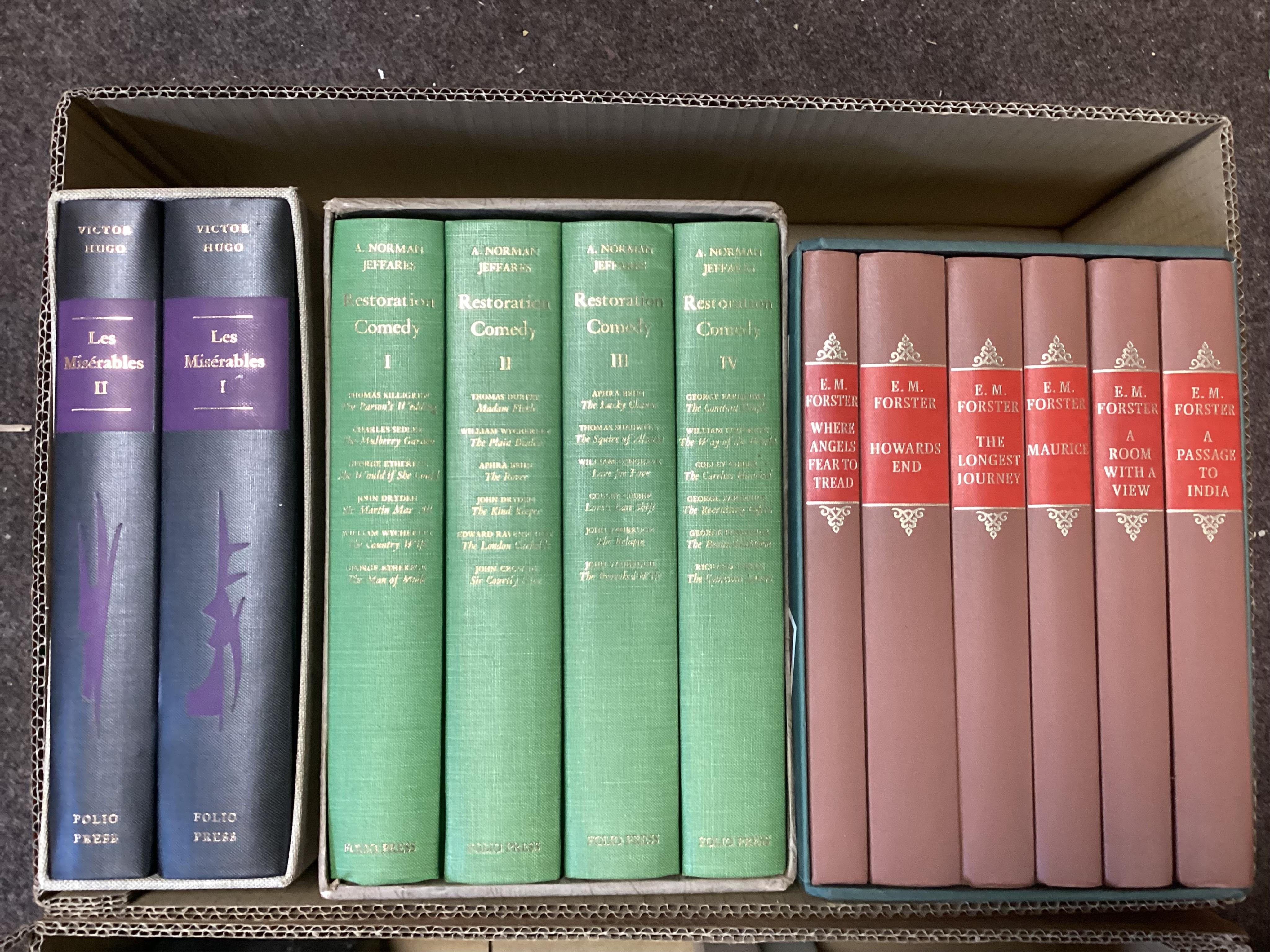 Folio Society: EM Forster (6), Tolstoy - War and Peace (2), Newgate - Calendar (2), Jeffries - Restoration Comedy (4) and V. Hugo - Les Misérables (2)